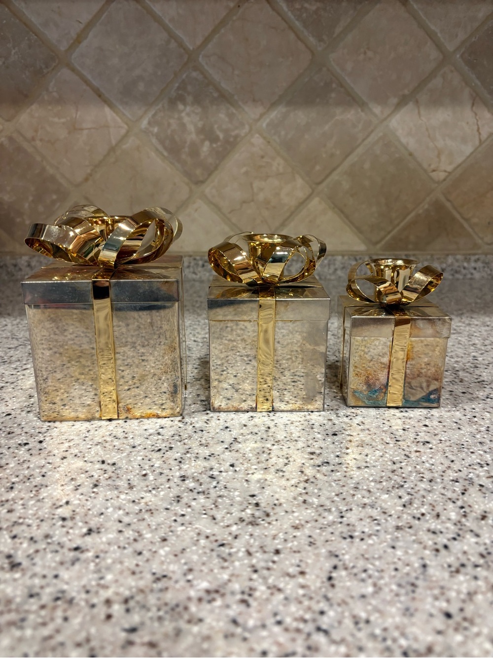 Vintage Godinger Set 3 Silver Gold Present Box Taper Candle Holders Christmas